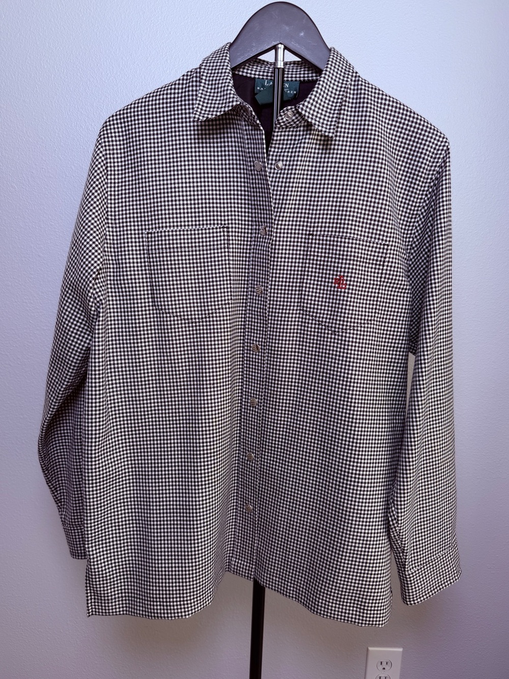 Lauren Ralph Lauren 100% Wool Black & White Gingham Snap Button Shirt Jacket